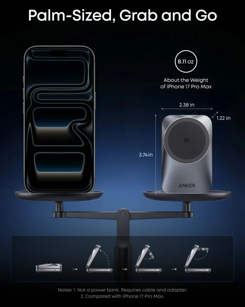 Anker Prime Foldable trådlös laddstation 3-i-1 MagGo Svart