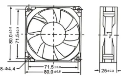 Axialfläkt 12 V 80x80x25 mm