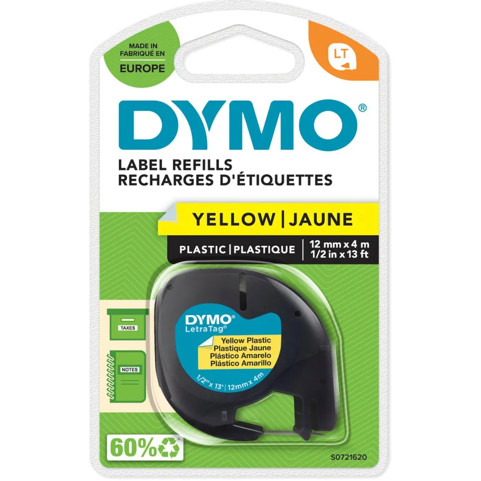 Dymo Letratag Märktejp av plast 12 mm Gul