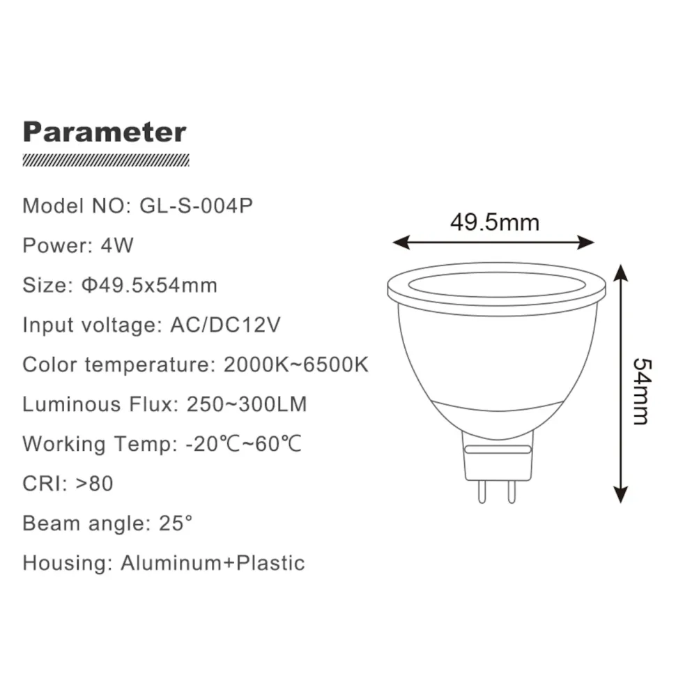 Gledopto Smart MR16 12 V LED-lampa RGB+CCT 250 lm