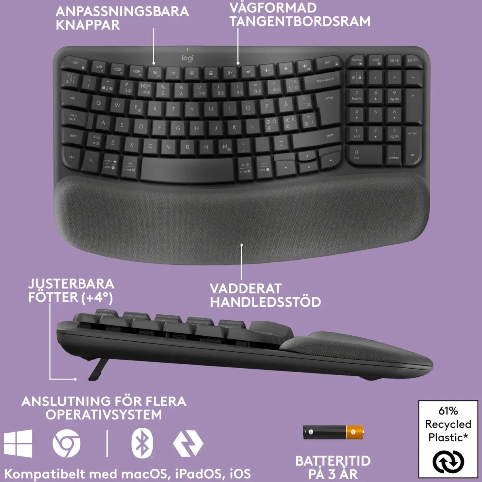 Logitech Wave Keys Trådlöst Ergonomiskt tangentbord