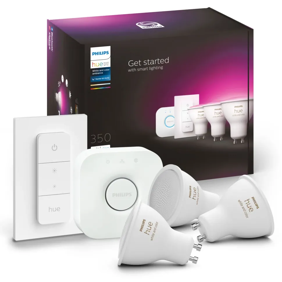 Philips Hue Startpaket: 3x White & Color GU10 + Dimmer + Bridge