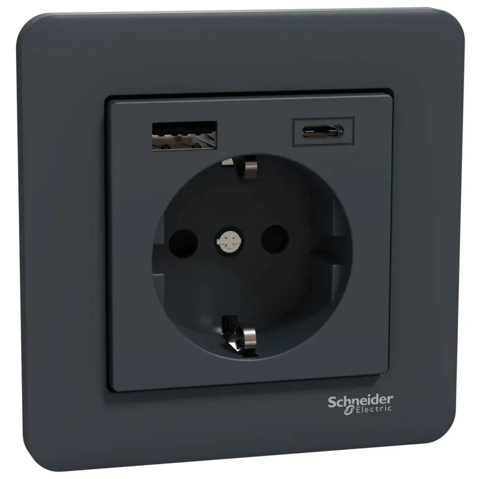 Schneider Electric Exxact Jordat vägguttag med USB-portar Svart