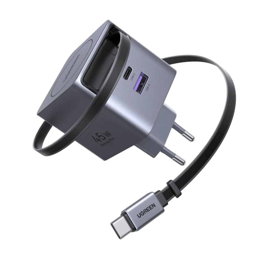 Ugreen Nexode 45 W GaN-snabbladdare med utdragbar USB-C-kabel 45 W
