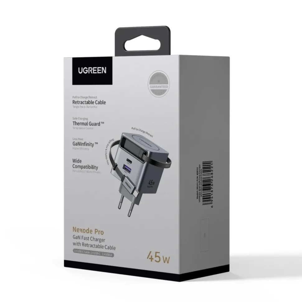 Ugreen Nexode 45 W GaN-snabbladdare med utdragbar USB-C-kabel 45 W