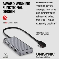 Unisynk 10-portars USB-C-hubb för dubbla skärmar för Mac Grå
